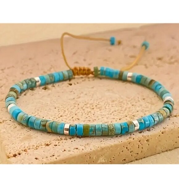 Natural Turquoise & Silver Beads Woven Bracelet Expands 6.7 inch to 11 inch - Picture 1 of 2